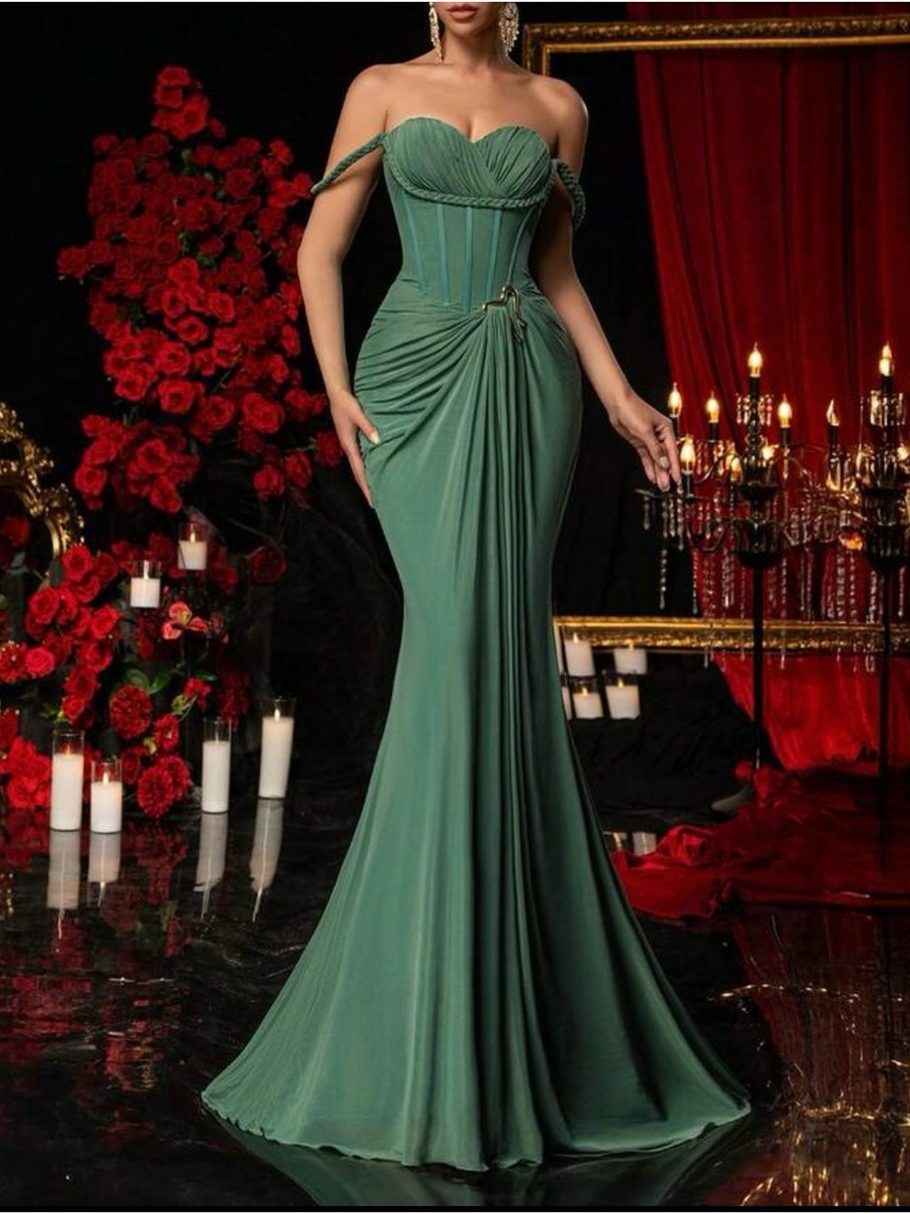 Elegant Off-Shoulder Green Evening Gown